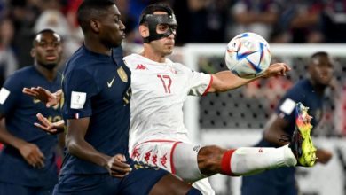 Tunisia's Ilyes Skhiri playing against France in the FIFA 2022 World Cup held in Qatar.